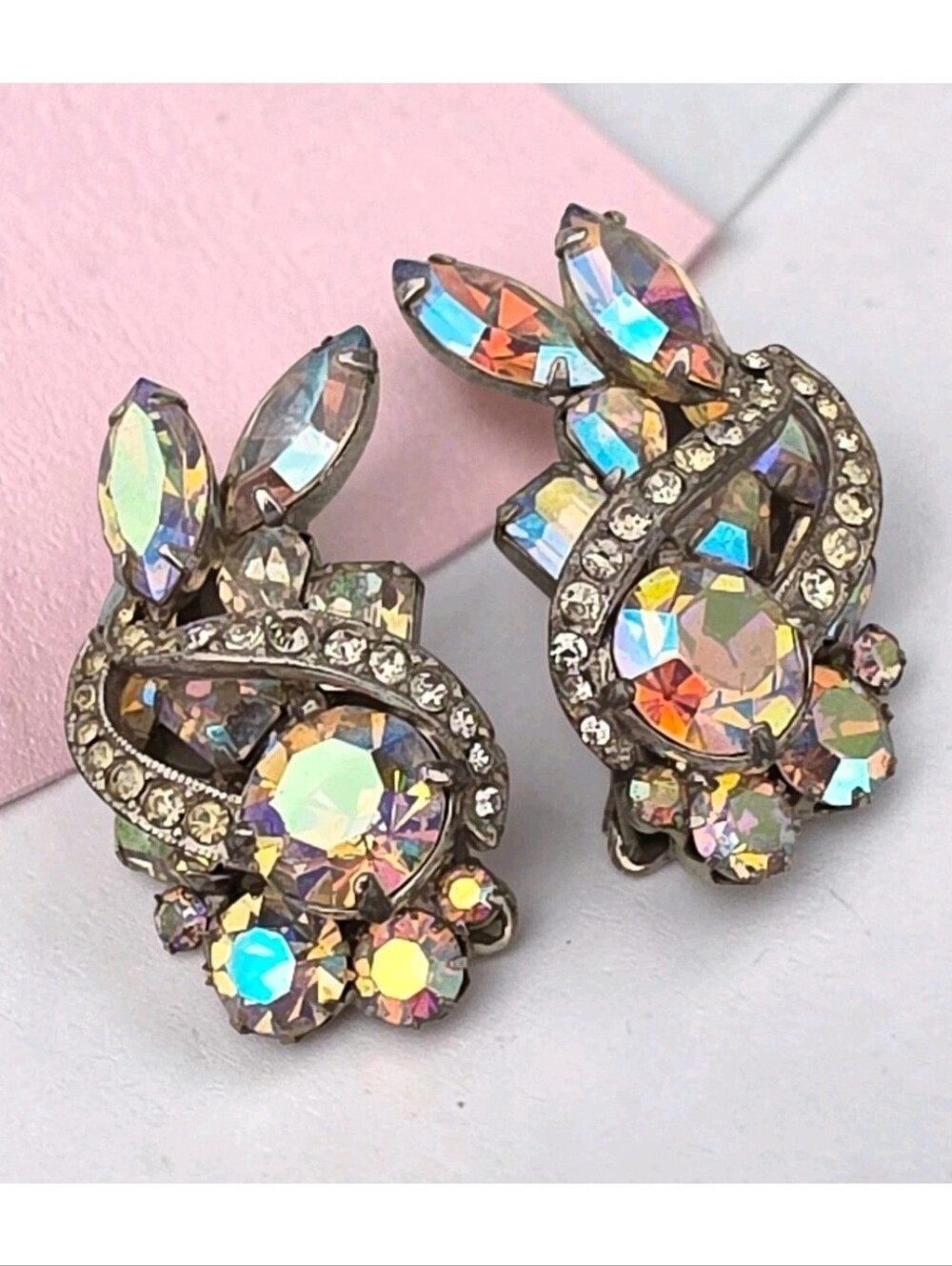 Vintage Signed Weiss AB Aurora Borealis Rhinestone Clip On Earrings Floral Spray